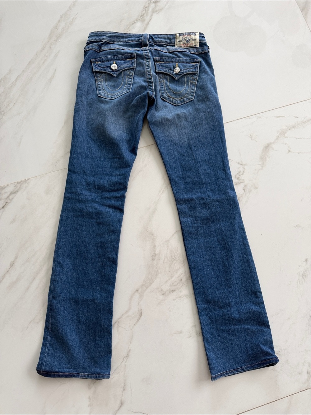 True Religion Women's Dark Blue Flare Jeans with Signature Back Pockets